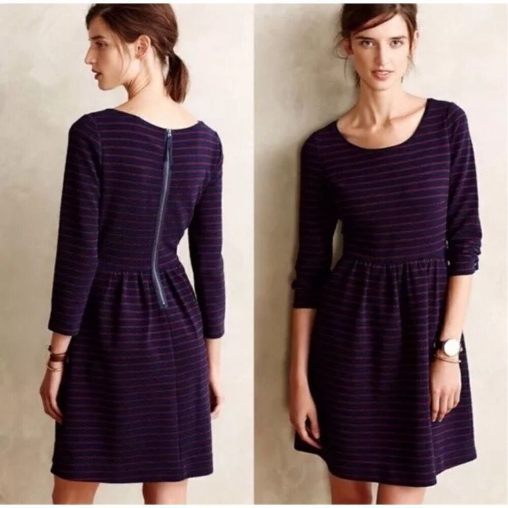 Maeve Anthropologie Brenna Navy Blue‎ Red Maroon Textured Striped Dress Size 0